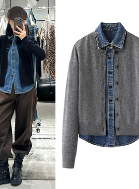 假两件针织衫2025冬季新品撞色翻领牛仔衬衫叠穿拼接开衫上衣女