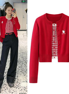 假两件针织开衫2026早春新品新年氛围感圆领撞色短款格子毛衣女