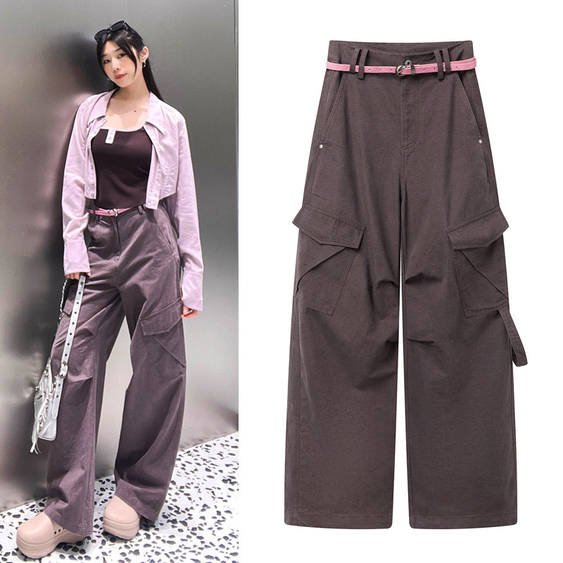 紫灰色工装裤2026秋新款粉调腰带大口袋宽松直筒阔腿裤女休闲长裤