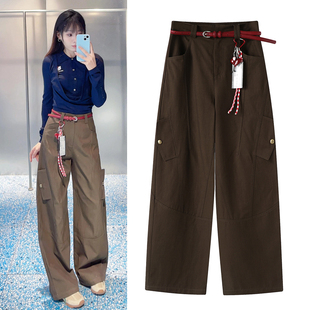 2025秋季 裤 新品 红色腰带挂件高腰休闲直筒裤 女 美式 宽松阔腿裤 工装