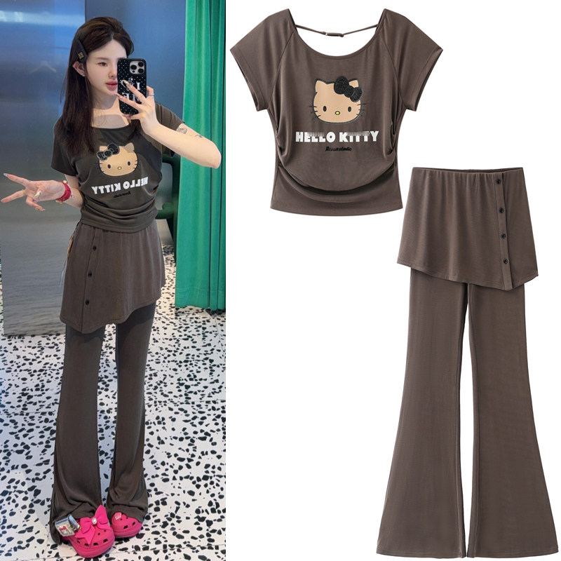 宋妍霏同款两件套装2026夏款运动风卡通猫咪短袖T恤屁帘微叭裤女