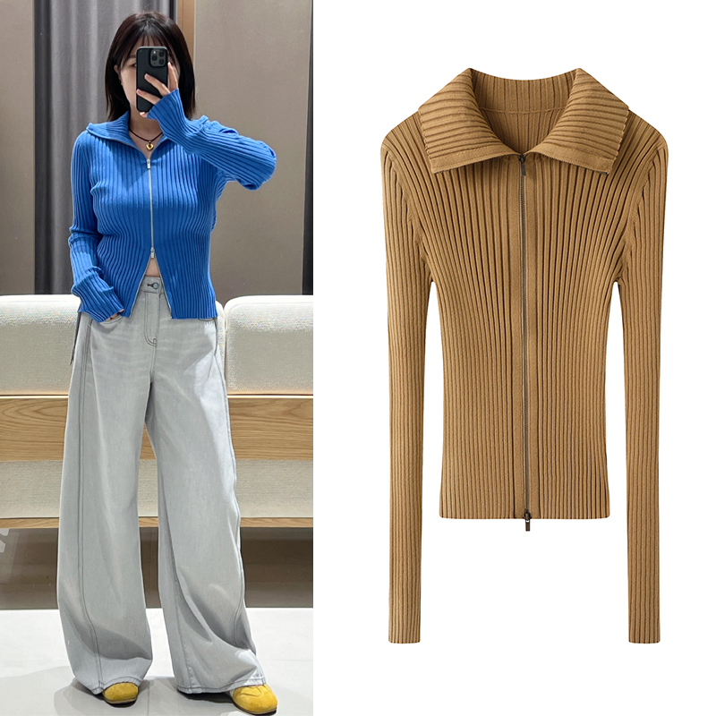 针织开衫2025秋季新品百搭纯色坑条双拉链翻领修身显瘦长袖毛衣女