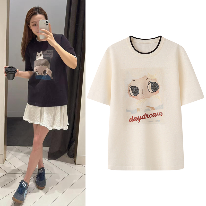 减龄短袖T恤女2025春新品可爱卡通图案刺绣撞色圆领针织衫上衣女