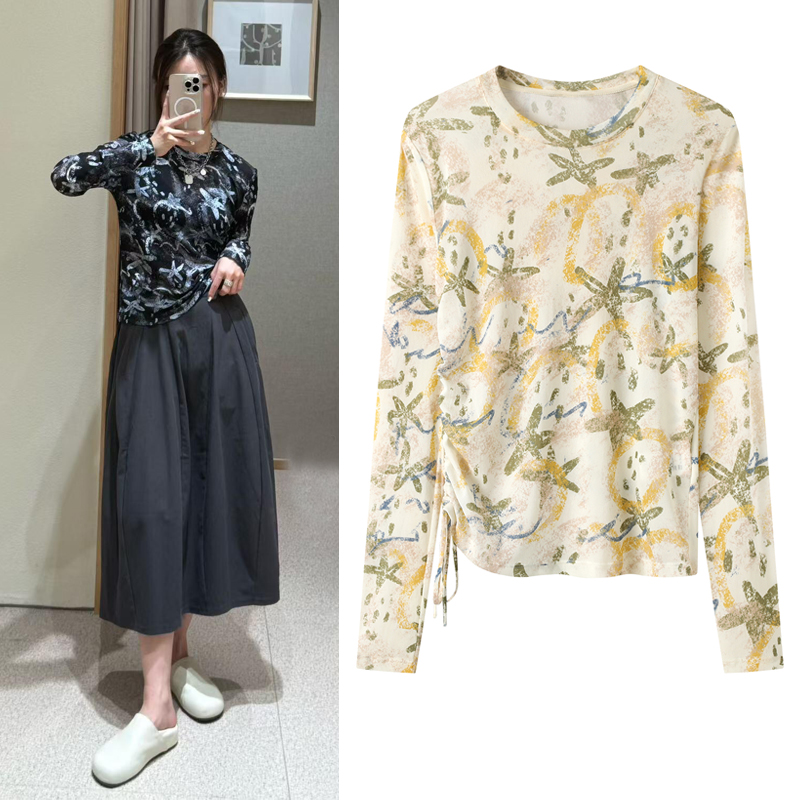 长袖T恤2025秋季新品复古扎染印花轻感皮肤衣显瘦打底衫上衣女