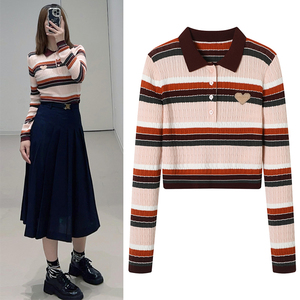 彩色条纹针织衫2024秋季新品设计感肌理翻领显瘦长袖短款小上衣女