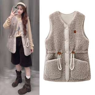 刘浩存同款棉服马甲2025冬季新品抽绳保暖仿羊羔毛无袖背心外套女