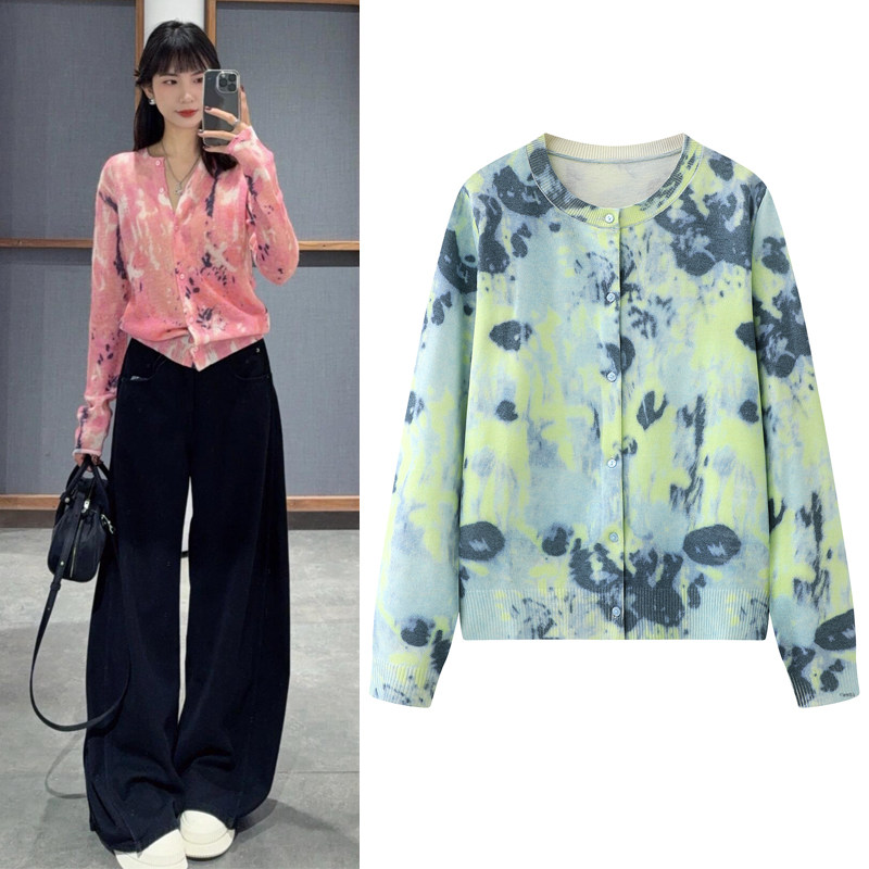 针织开衫2026春季新款复古彩绘感艺术涂鸦印花圆领长袖毛衣女上衣,女装/女士精品,毛针织衫,淘宝优惠券,粉丝福利购,淘宝优惠卷