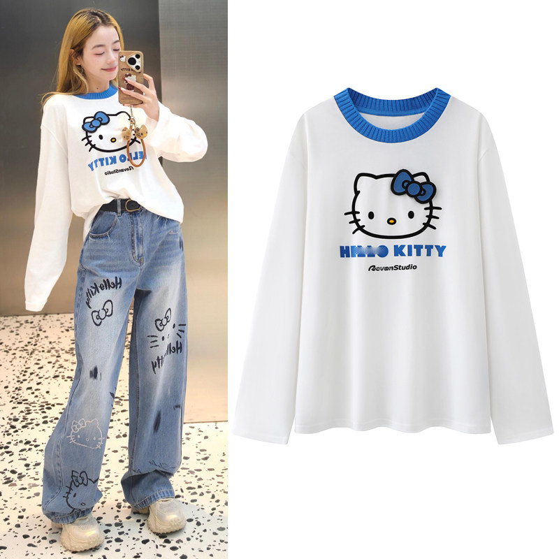 2026春季新款卡通猫咪印花撞色蓝白针织圆领休闲长袖T恤上衣女