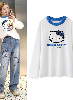 2026春季新款卡通猫咪印花撞色蓝白针织圆领休闲长袖T恤上衣女