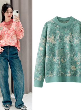 新年国风毛衣2026春季新款复古重工提花刺绣圆领长袖针织衫上衣女