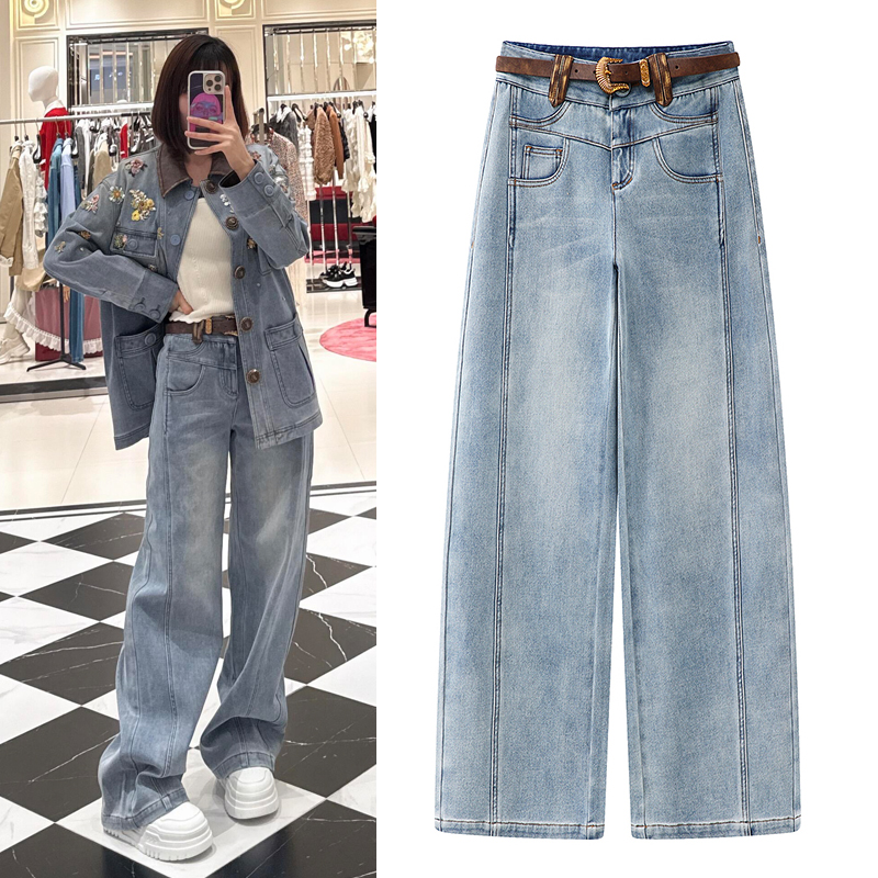 加绒牛仔裤直筒裤阔腿弯刀裤女