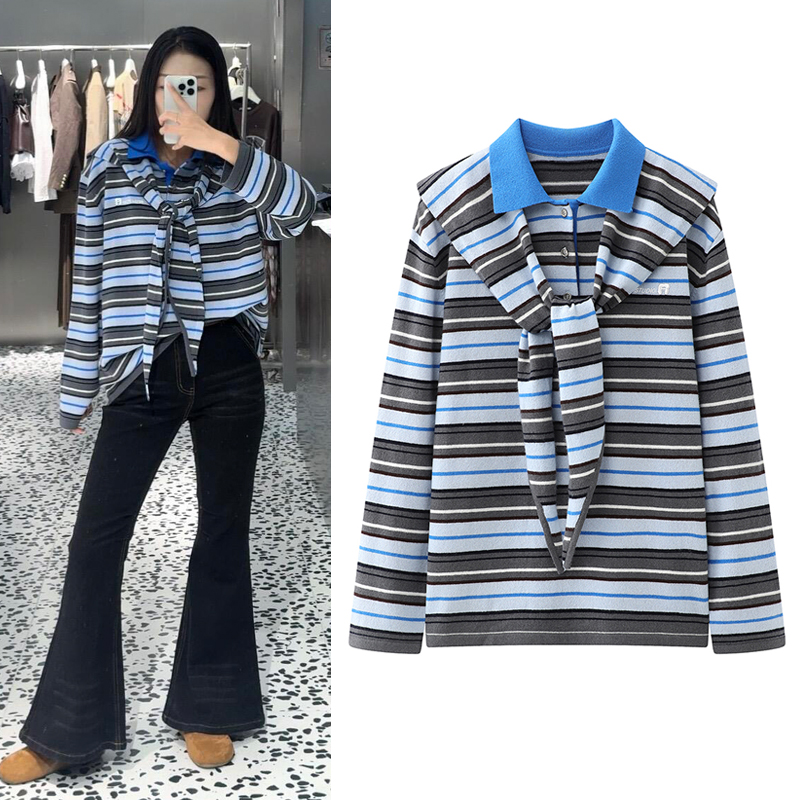 条纹毛衣polo领针织毛衫女