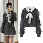 针织开衫 毛衣女 饰显瘦短款 2025秋新品 miu小香风系带蝴蝶结羽毛装