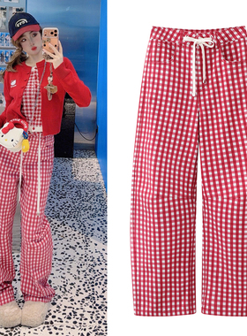 红色格子弯刀裤2026春季新款甜美风系带高腰撞色格纹休闲直筒裤女