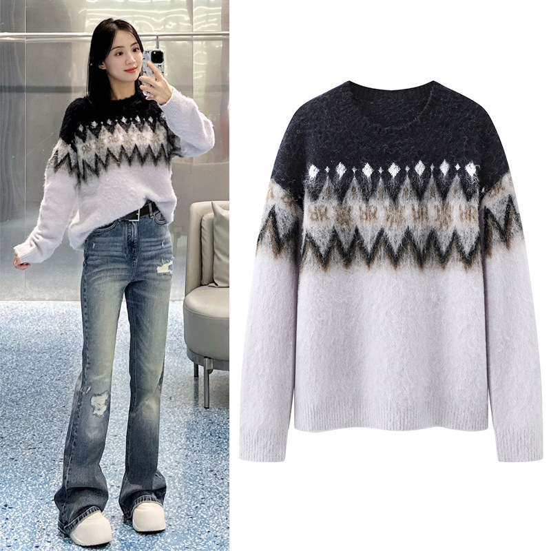 马海针织衫2025冬季新品费尔岛撞色菱形提花落肩袖圆领打底毛衣女,女装/女士精品,毛针织衫,淘宝优惠券,粉丝福利购,淘宝优惠卷