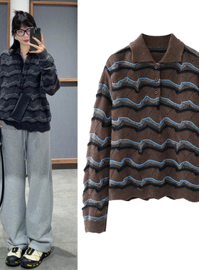 毛针织衫2025冬季新品复古撞色波浪条纹肌理感套头polo领毛衣女