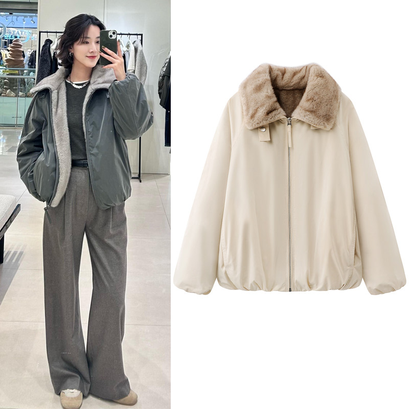 派克服外套2025冬季新品休闲工装风拉链翻领双面穿保暖毛绒大衣女,女装/女士精品,短外套,淘宝优惠券,粉丝福利购,淘宝优惠卷