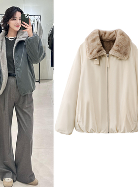 派克服外套2025冬季新品休闲工装风拉链翻领双面穿保暖毛绒大衣女