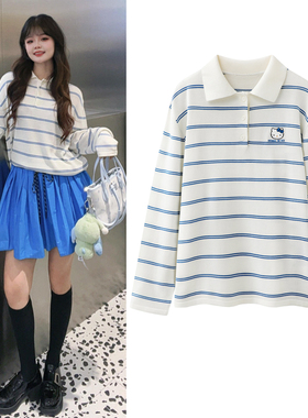 蓝色条纹针织衫2026春新款甜美减龄卡通猫咪休闲polo领T恤上衣女