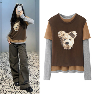 叠穿T恤2025冬新品 甜酷减龄设计感卡通小熊印花撞色假三件上衣女