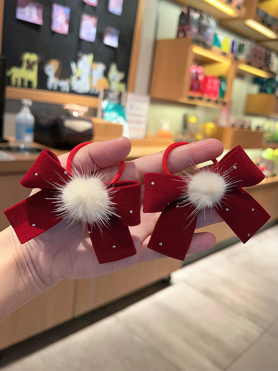 儿童新年红色喜庆蝴蝶结发饰毛球高级感头绳小女孩扎头发皮筋发圈