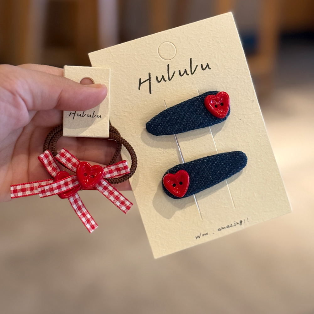 儿童发饰复古牛仔爱心发夹红色纽扣格子蝴蝶结头绳女童碎发刘海夹