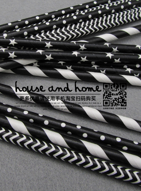 简约纸吸管 环保酒吧节日派对装饰用品 黑白条纹星星一次性25支装