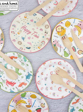 一次性纸盘野餐盘卡通彩色蛋糕碟儿童生日派对甜品台装饰派对餐具