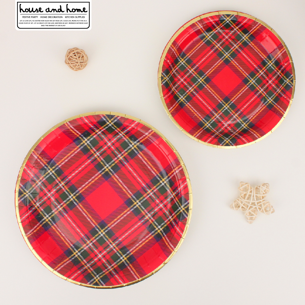 圣诞学院风红绿格子图案纸盘一次性纸餐具圣诞节主题果盘纸盘套装