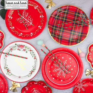 圣诞节餐盘新年会一次性纸餐具圣诞主题蛋糕甜品果盘节日纸盘套装