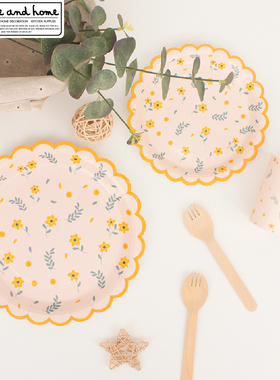 植物花卉一次性盘子野餐果盘餐具露营小黄花宝宝派对蛋糕水果纸碟