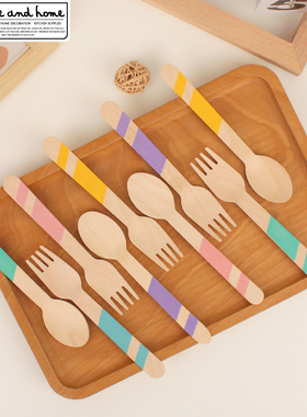 一次性木质彩色叉勺木质餐具野餐户外派对甜品蛋糕沙拉轻食木叉勺