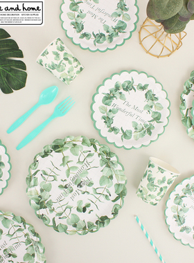 一次性纸盘蛋糕盘尤加利叶彩色野餐露营环保餐具网红ins餐盘套装