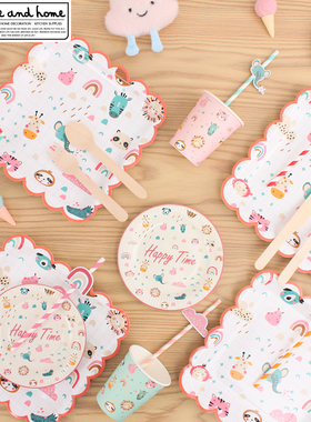 一次性盘子ins风野餐果盘 卡通动物餐盘宝宝派对装饰蛋糕水果纸碟