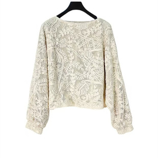 雨墨圣迪奥立秋2025新款刺绣长袖打底女士印花圆领提花衬衫上衣