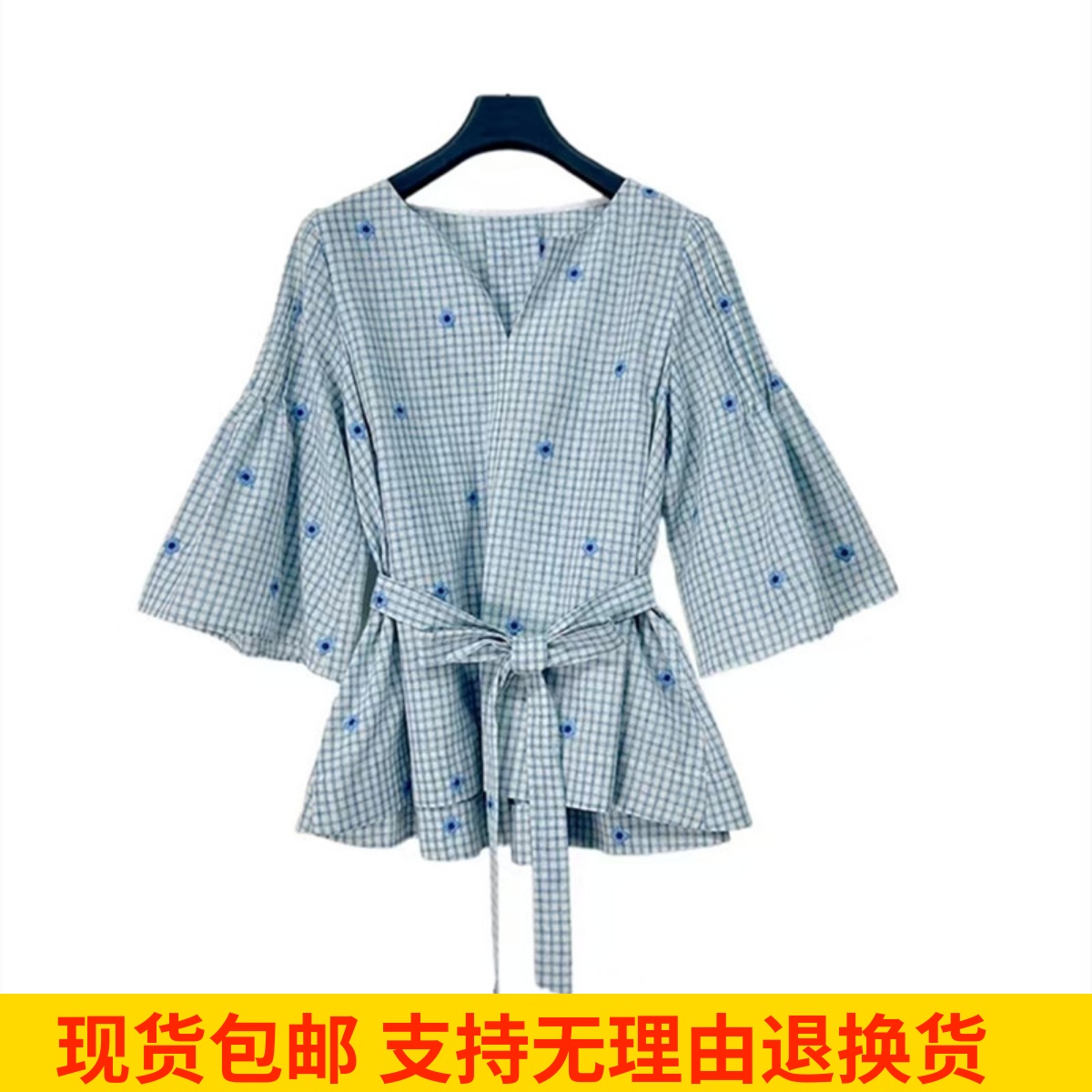 雨墨圣迪奥立夏喇叭袖V领衬衫高支小衫荷叶边方领可爱风S252Z0422