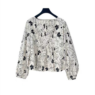 雨墨圣迪奥立秋2025新款法式圆领衬衫印花学院风上衣S253Z0538