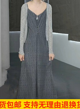 雨墨圣迪奥立春夏2023新款灰色法式时尚长款吊带连衣裙S232Z12B2