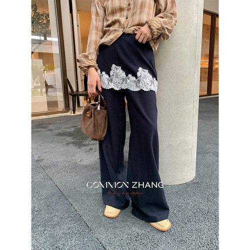 攸吉 CZZHANG复古蕾丝拼接屁帘休闲裤女2026秋季新款直筒休闲裤