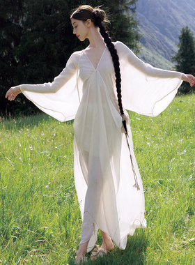 ONMOON 米白色清冷仙气国风连衣裙 2025新款松弛感宽松蝙蝠袖裙子