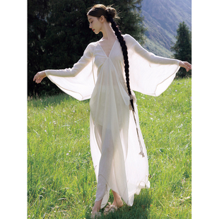 松弛感宽松蝙蝠袖 2025新款 裙子 米白色清冷仙气国风连衣裙 ONMOON