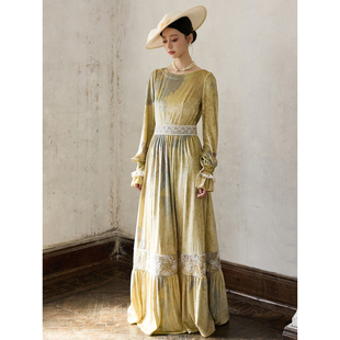 收腰丝绒印花连衣裙 ONMOON 法式 泡泡袖 蕾丝拼接长裙 2025秋冬新款