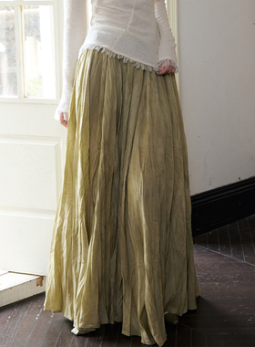 ONMOON 2025秋冬新品水洗做旧褶皱半身裙大摆裙 手工乱褶A字长裙