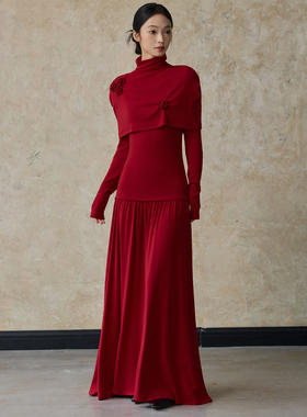 ONMOON 秋冬红色花朵两件套长袖连衣裙 订婚结婚敬酒礼服裙子女