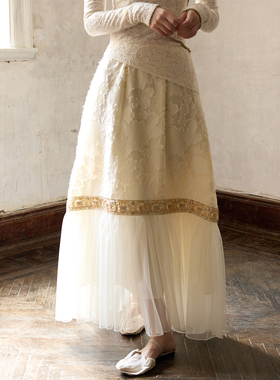 ONMOON 米白色剪花拼接网纱半身裙 2025秋冬新款仙气民族风裙子女