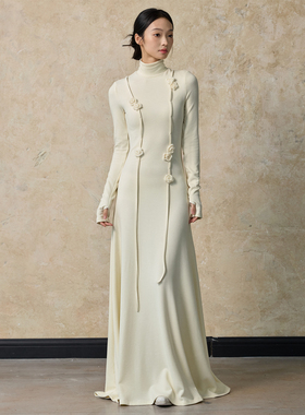 ONMOON 新款高领打底长袖针织连衣裙 羊毛秋冬收腰修身A字大摆裙