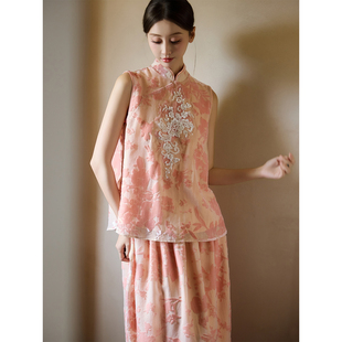 半身裙套装 绣花旗袍上衣 国风粉色烧花旗袍套装 ONMOON春夏新中式
