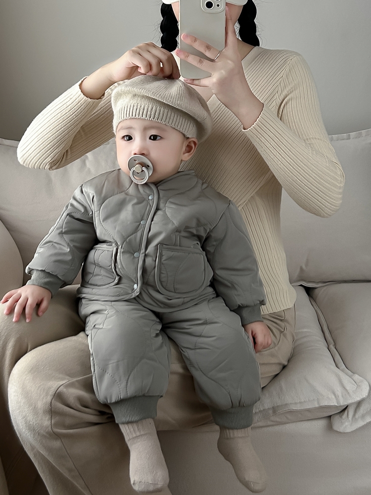 冬装男童棉服套装婴童宝宝加厚开衫棉衣+棉长裤保暖外出棉袄2件套