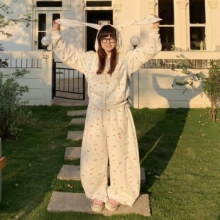 套装 期望Studio美式 碎花兔子耳朵连帽卫衣外套女宽松休闲阔腿长裤