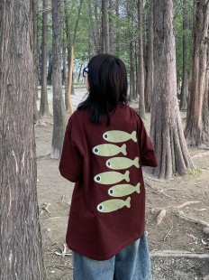 期望Studio背后趣味好多鱼印花圆领短袖 体恤 t恤情侣日系宽松夏季